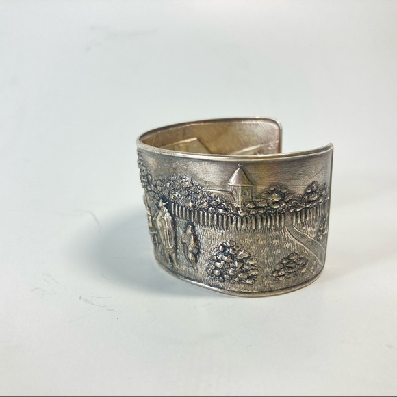 Antique Vintage Hans Jensen Silver Plate Repousse Cuff Bracelet Denmark Scene - Picture 5 of 6